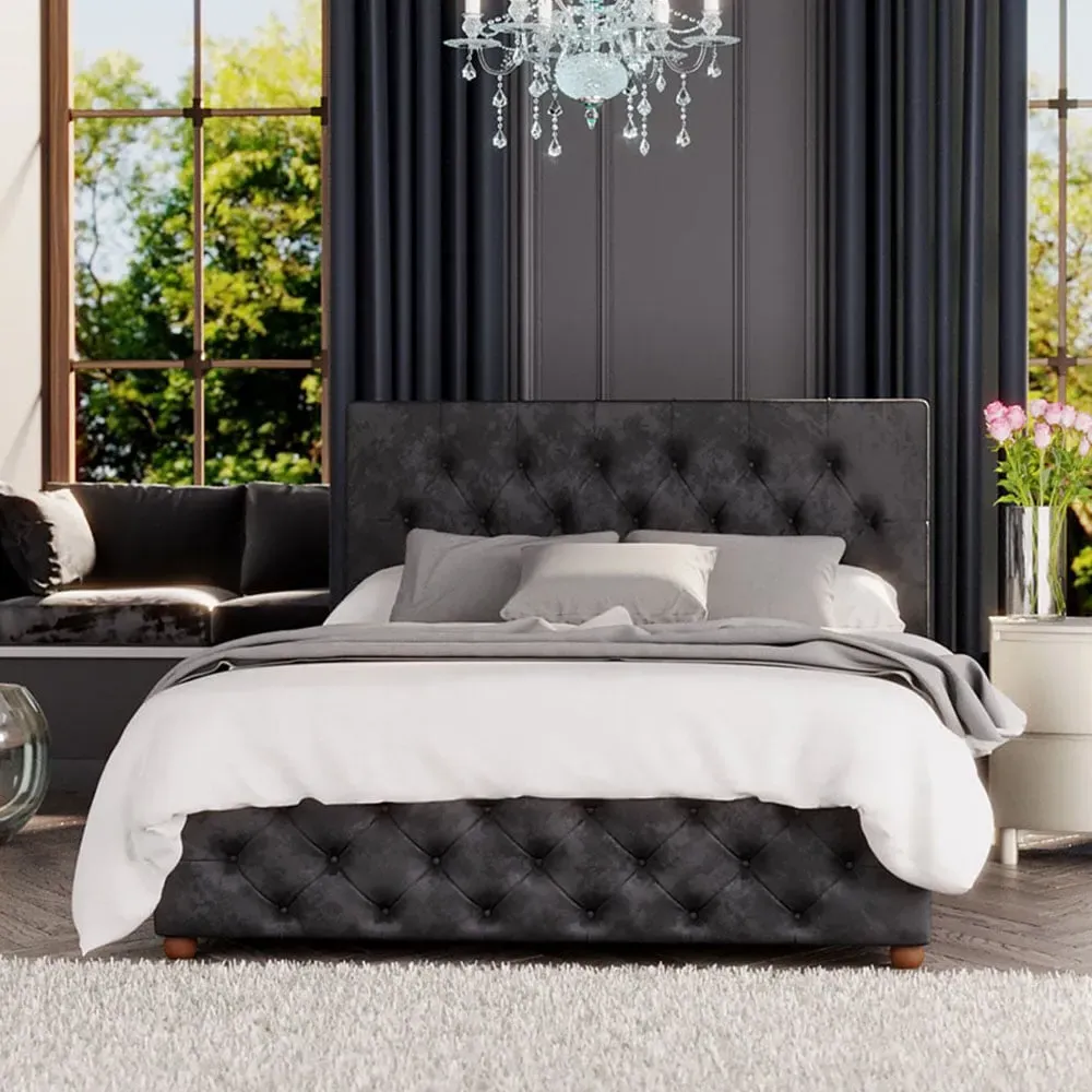 Luna King Size Ottoman Bed with Storage - Black, Velvet