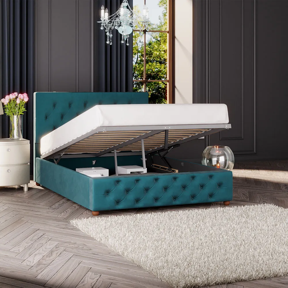 Luna Single Ottoman Bed with Storage - Emerald, Velvet