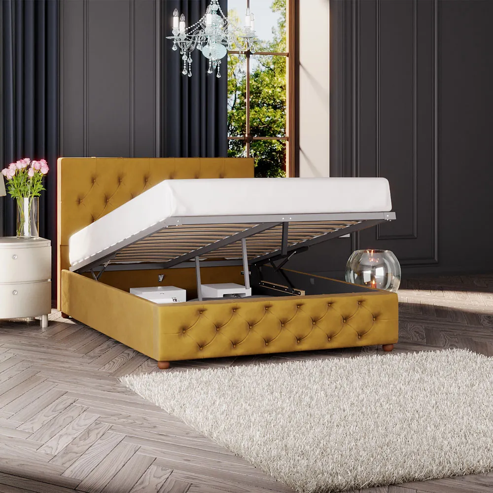 Luna Single Ottoman Bed with Storage - Ochre, Velvet