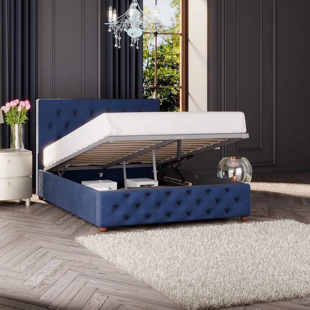 Luna Small Double Ottoman Bed with Storage - Navy, Velvet