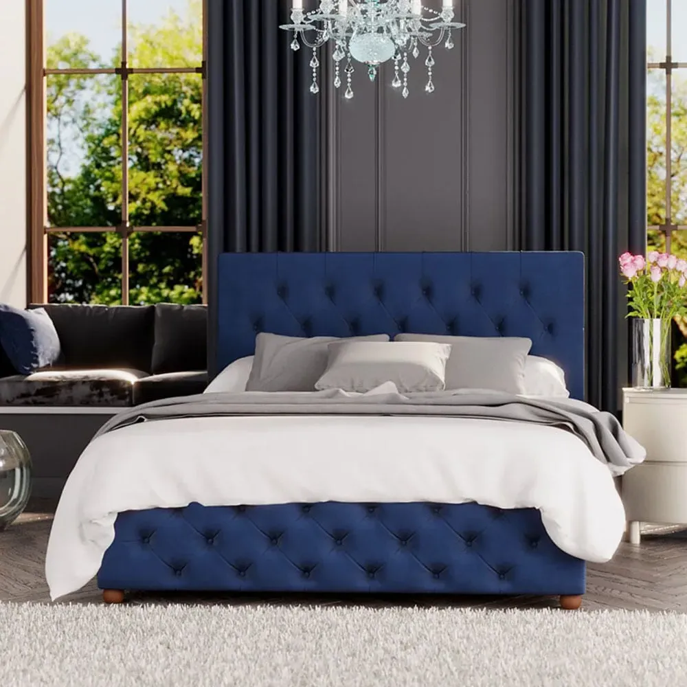 Luna Small Double Ottoman Bed with Storage - Navy, Velvet
