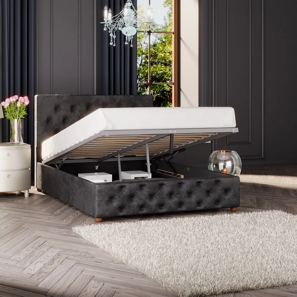 Luna Super King Ottoman Bed with Storage - Black, Velvet