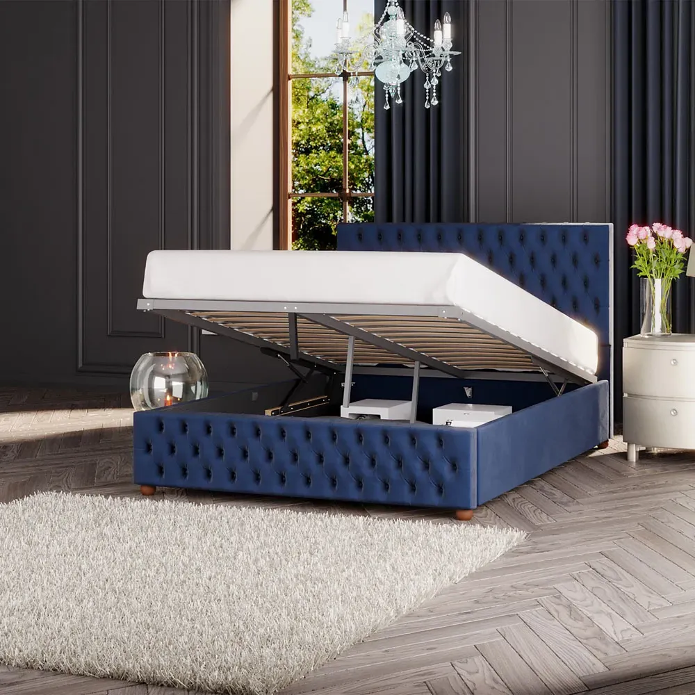 Seren Double Ottoman Bed with Storage - Navy, Velvet