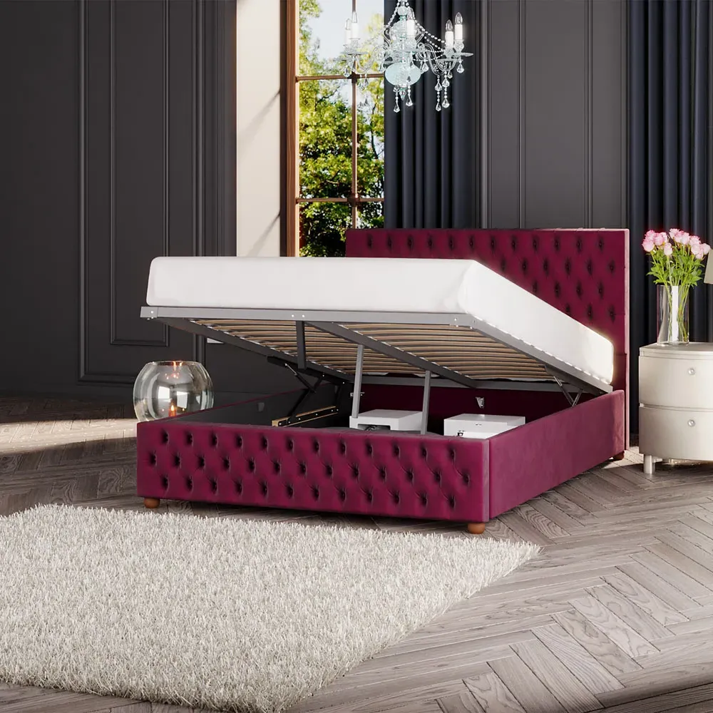 Seren King Size Ottoman Bed with Storage - Berry, Velvet