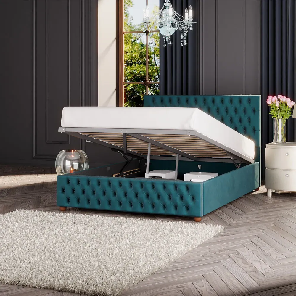 Seren King Size Ottoman Bed with Storage - Emerald, Velvet