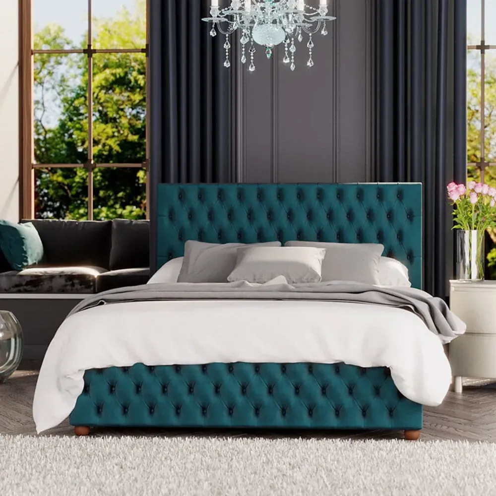 Seren King Size Ottoman Bed with Storage - Emerald, Velvet
