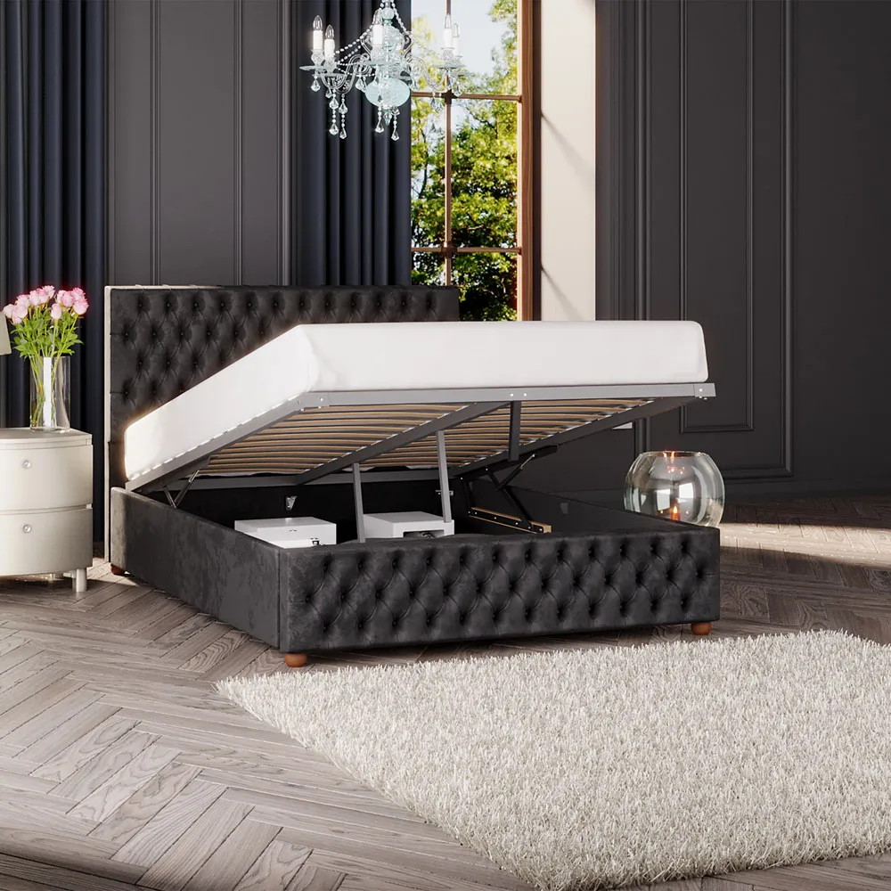 Seren Single Ottoman Bed with Storage - Black, Velvet