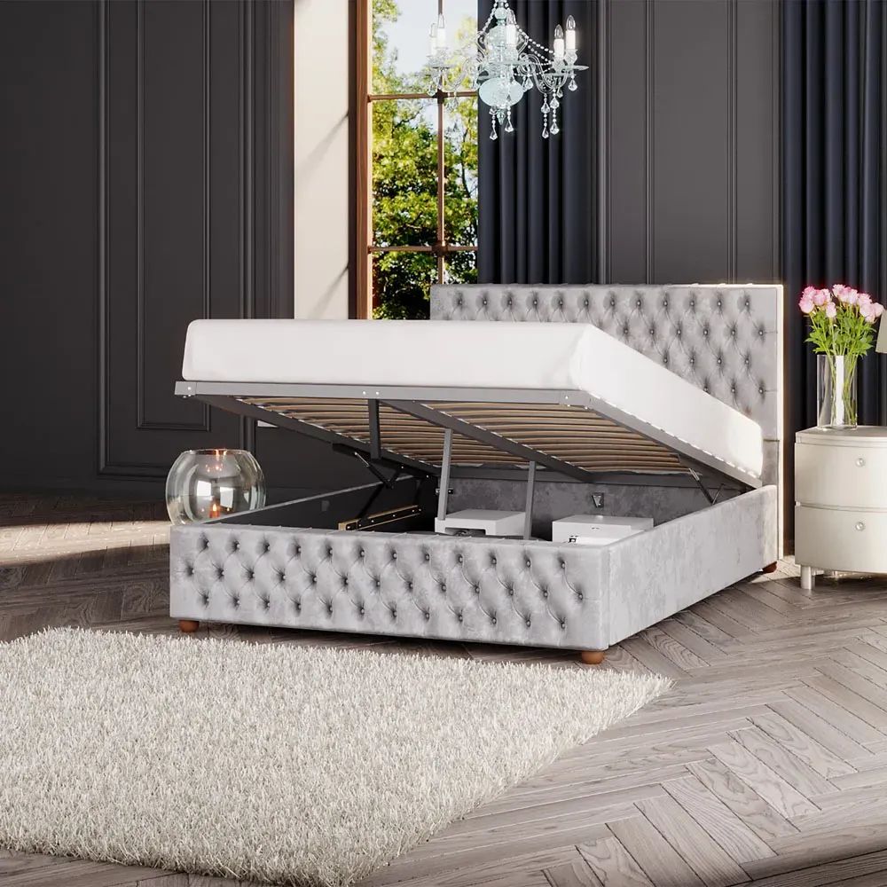 Seren Small Double Ottoman Bed with Storage - Silver, Velvet