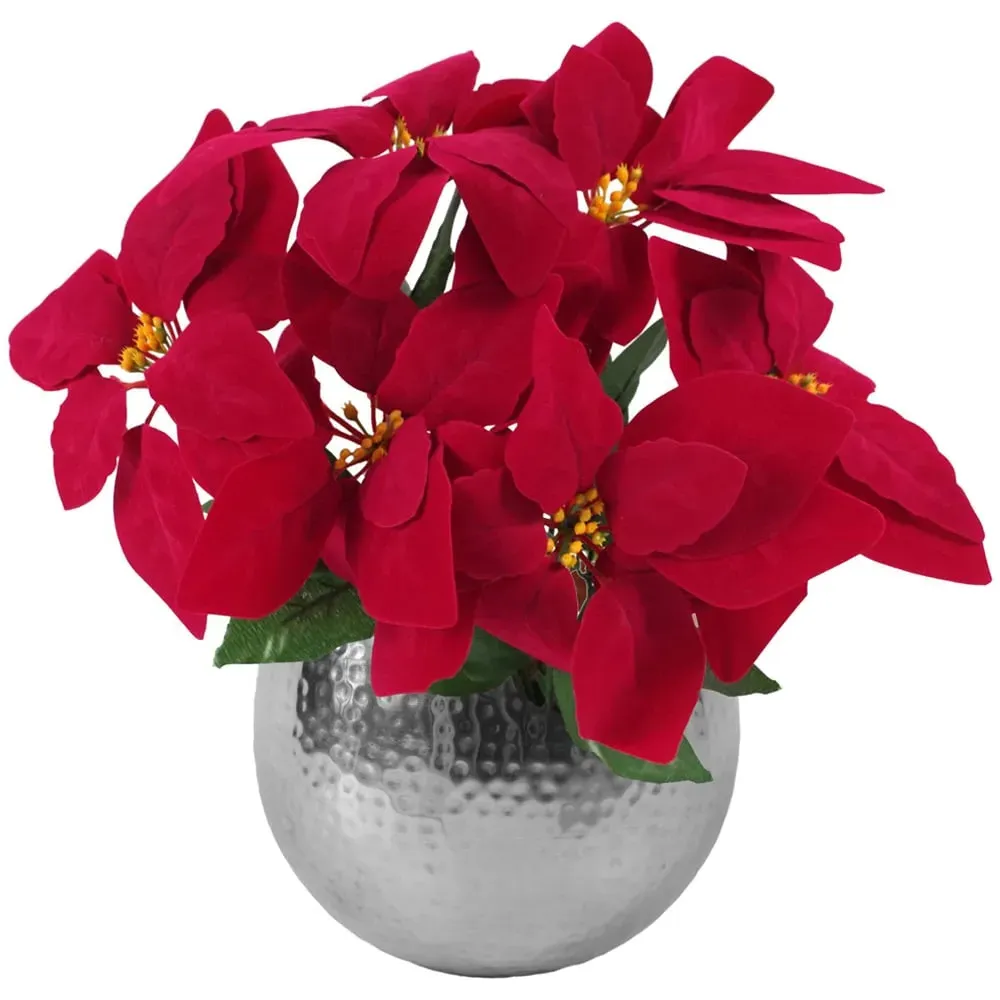 Red Poinsettia Artificial Plant in Silver Planter - 40cm image