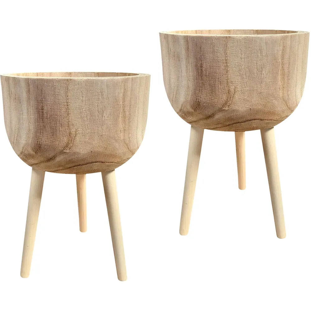 LECHUZA Hortico Gaia Round Plant Pot 2 Pack - Brown, Hardwood