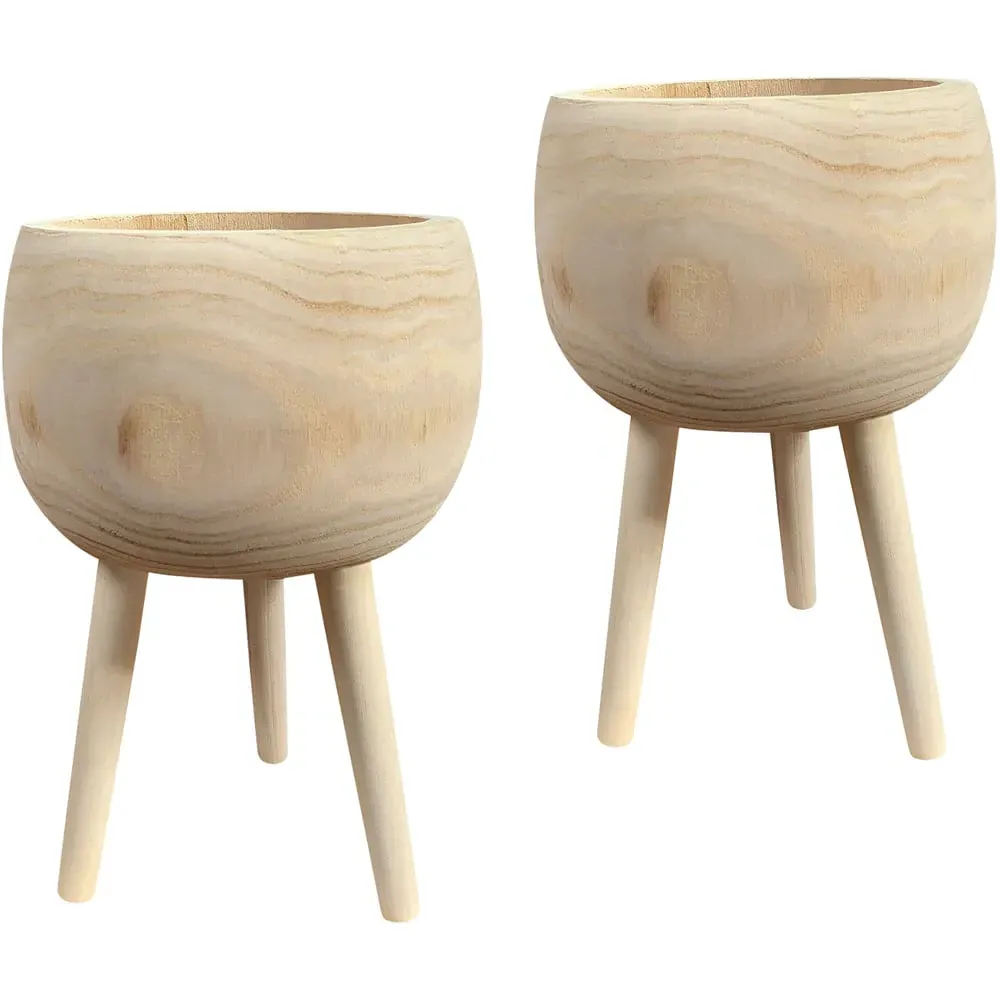 LECHUZA Hortico Trend Round Plant Pot 2 Pack - Brown, Hardwood image