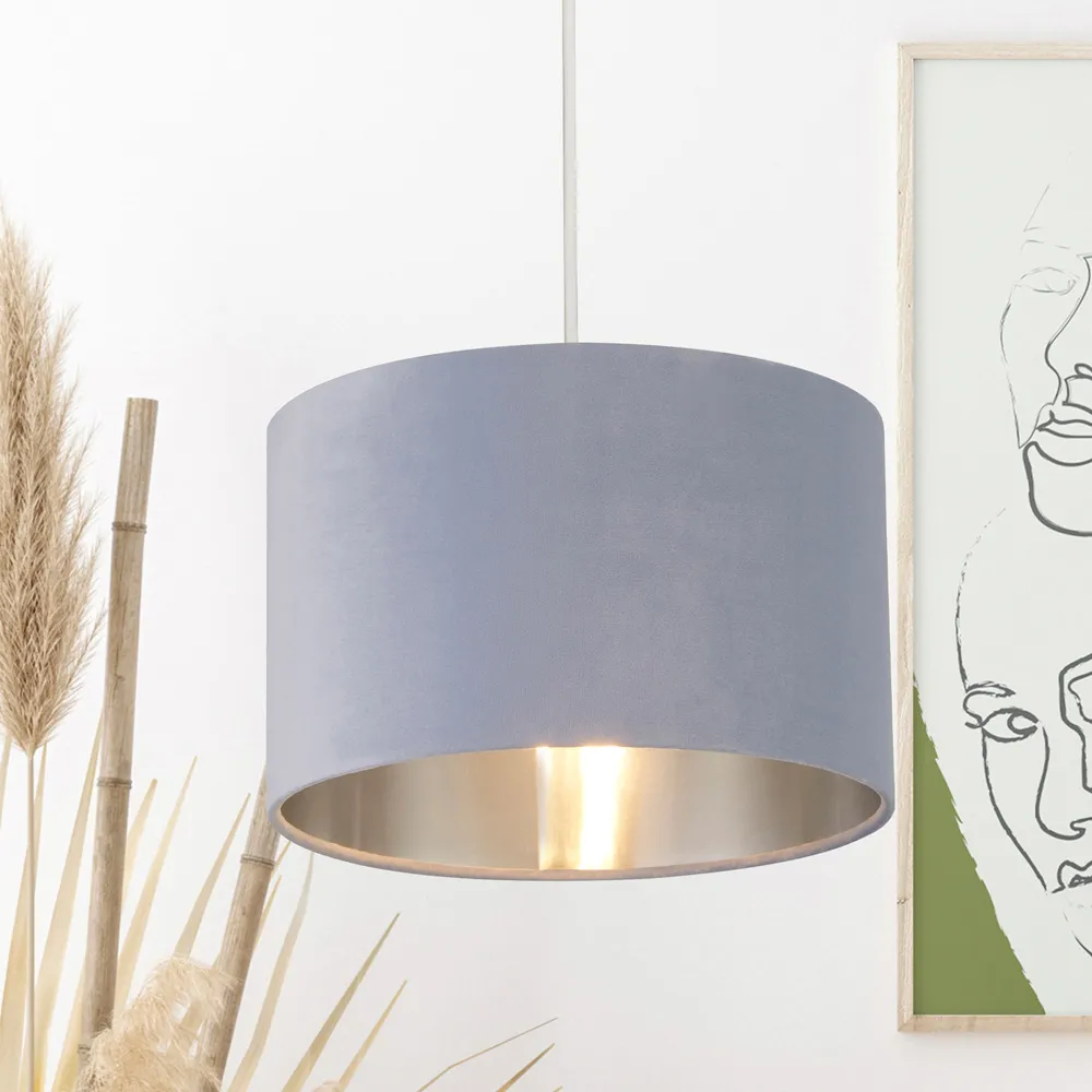 27cm Drum Lampshade - Light Blue, Velvet