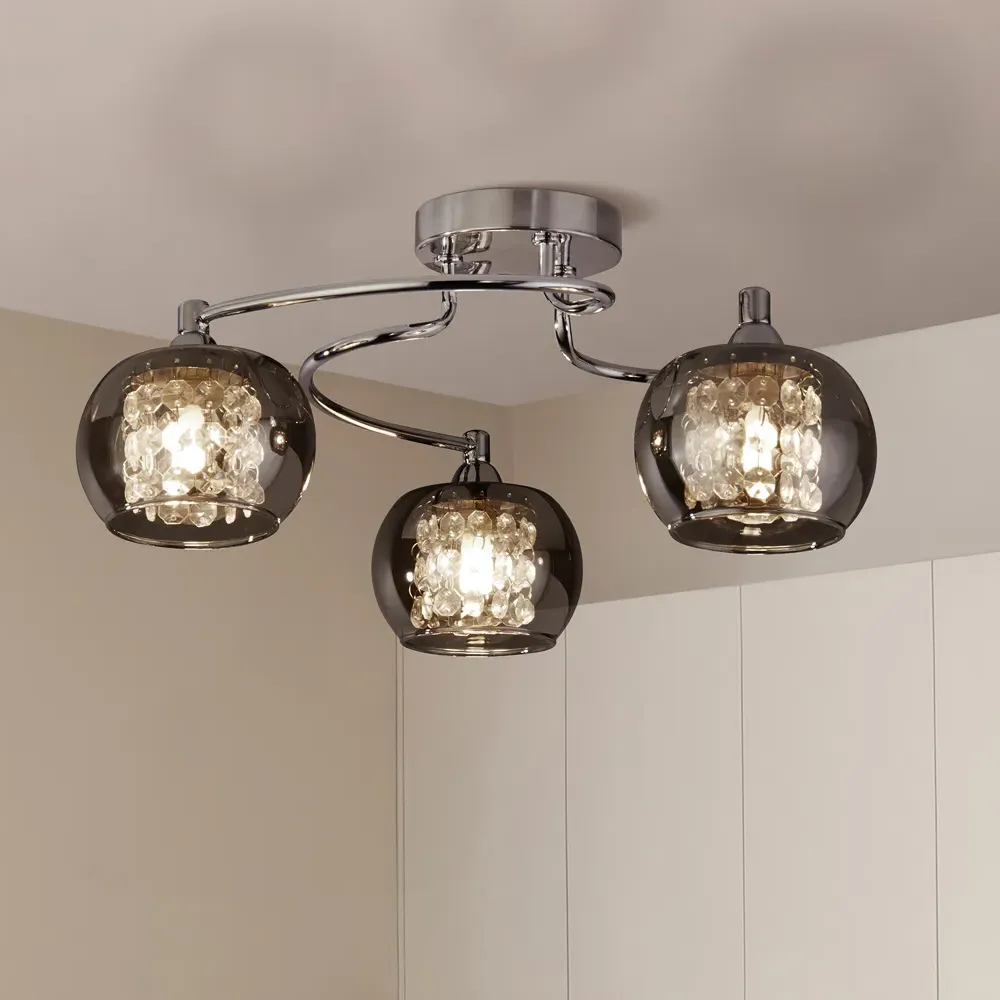 3 Light Ceiling Light - Chrome, Smoked Glass