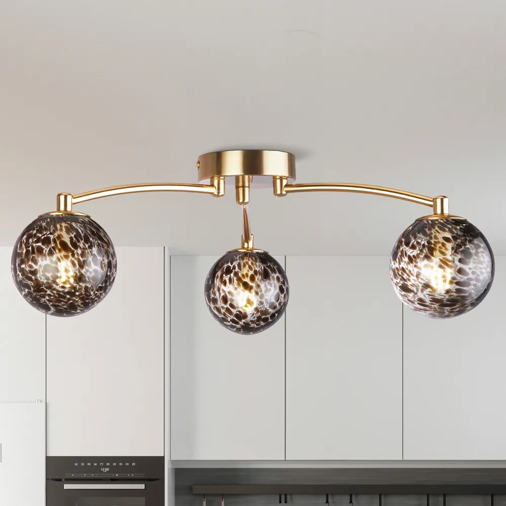 3 Light Flush Ceiling Light - Gold, Tortoise Glass