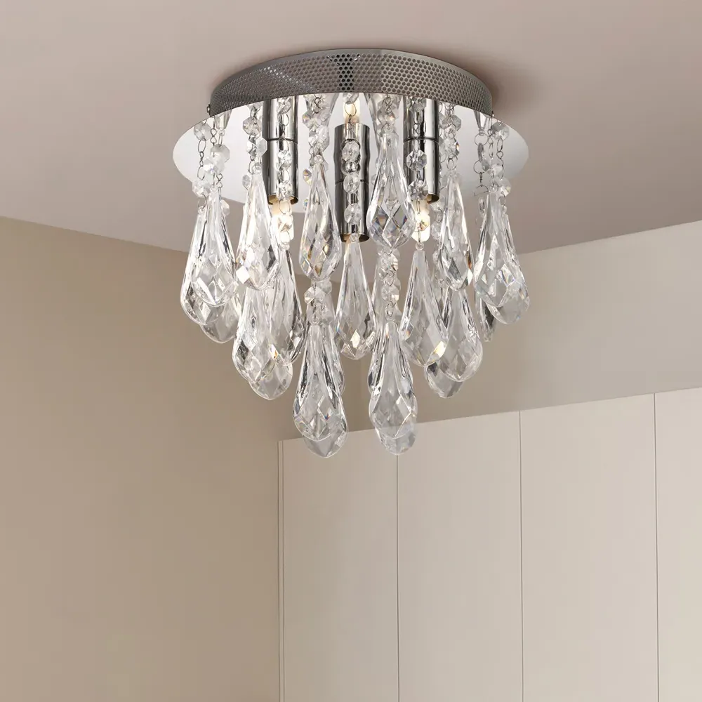 3 Light Flush Ceiling Light with Acrylic Drops - Chrome