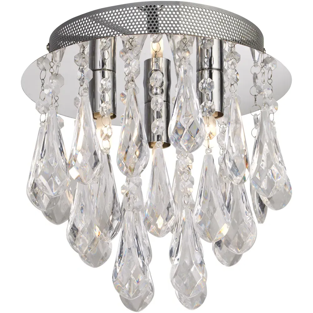 3 Light Flush Ceiling Light with Acrylic Drops - Chrome