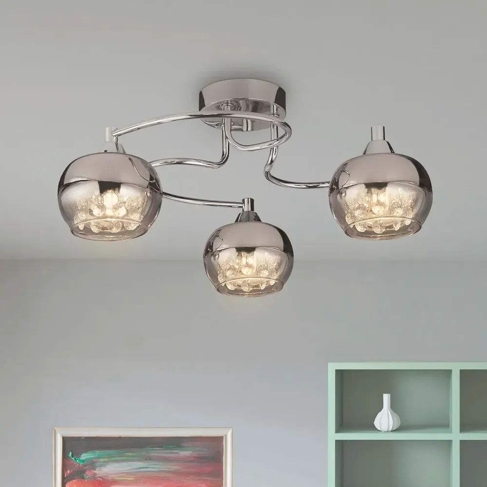 3 Light Flush Ceiling Light with Crystal - Chrome, Rose Glass