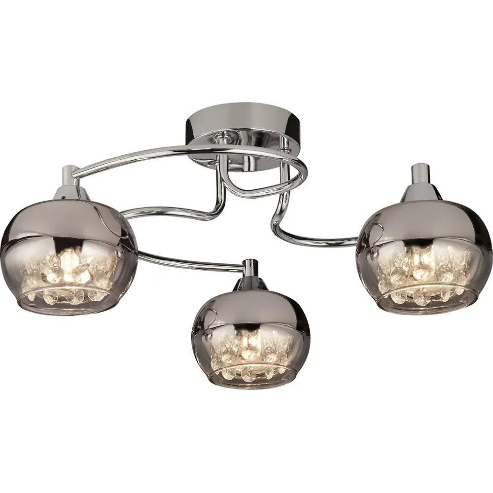 3 Light Flush Ceiling Light with Crystal - Chrome, Rose Glass