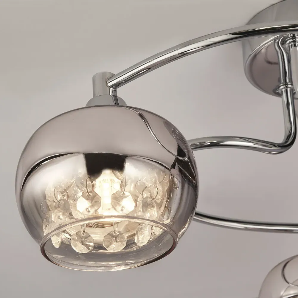 3 Light Flush Ceiling Light with Crystal - Chrome, Rose Glass