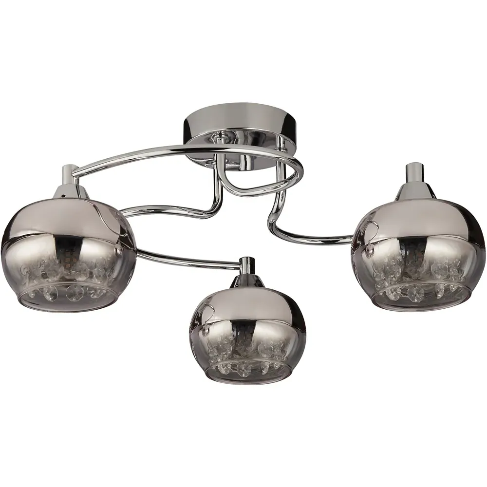 3 Light Flush Ceiling Light with Crystal - Chrome, Rose Glass