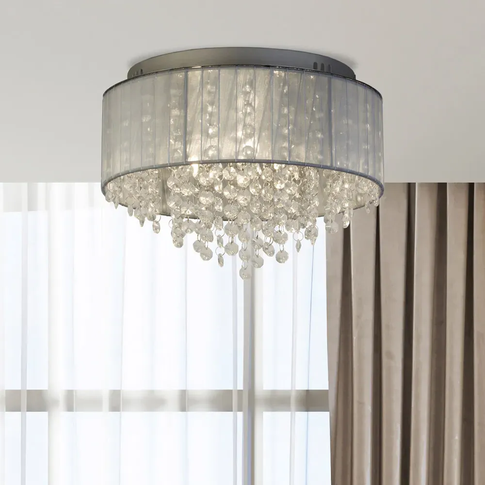 3 Light Flush Ceiling Light with Glass Drops - Grey, Chiffon