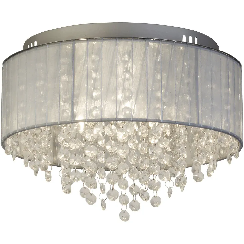 3 Light Flush Ceiling Light with Glass Drops - Grey, Chiffon
