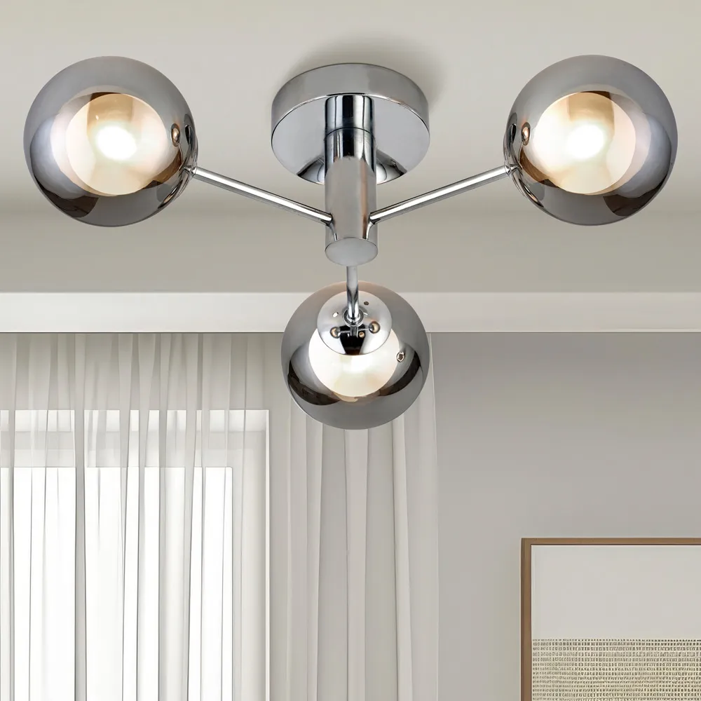 3 Light Semi Flush Ceiling Light - Chrome, Smokey Glass