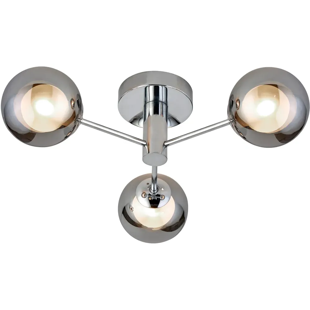 3 Light Semi Flush Ceiling Light - Chrome, Smokey Glass