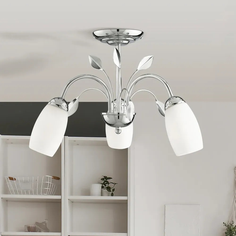 3 Light Semi Flush Ceiling Light - Chrome, White Glass