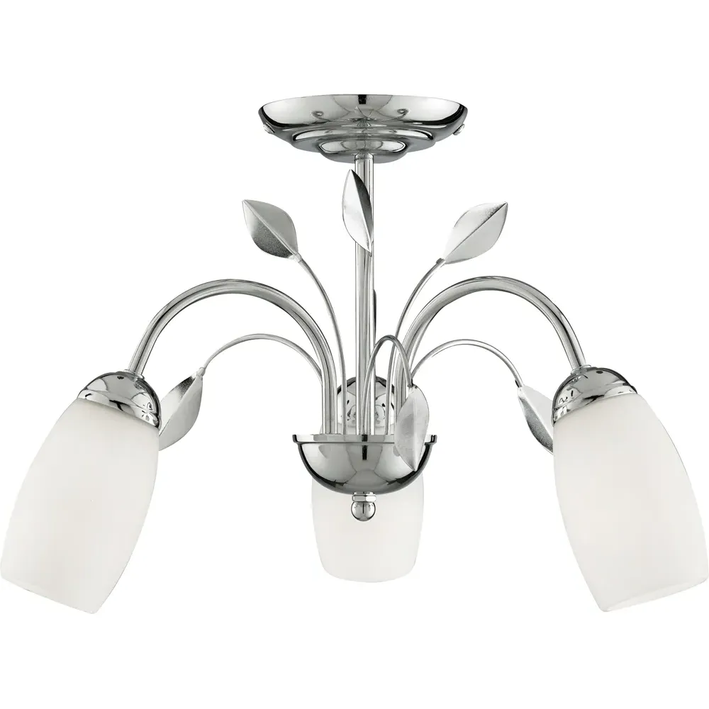3 Light Semi Flush Ceiling Light - Chrome, White Glass