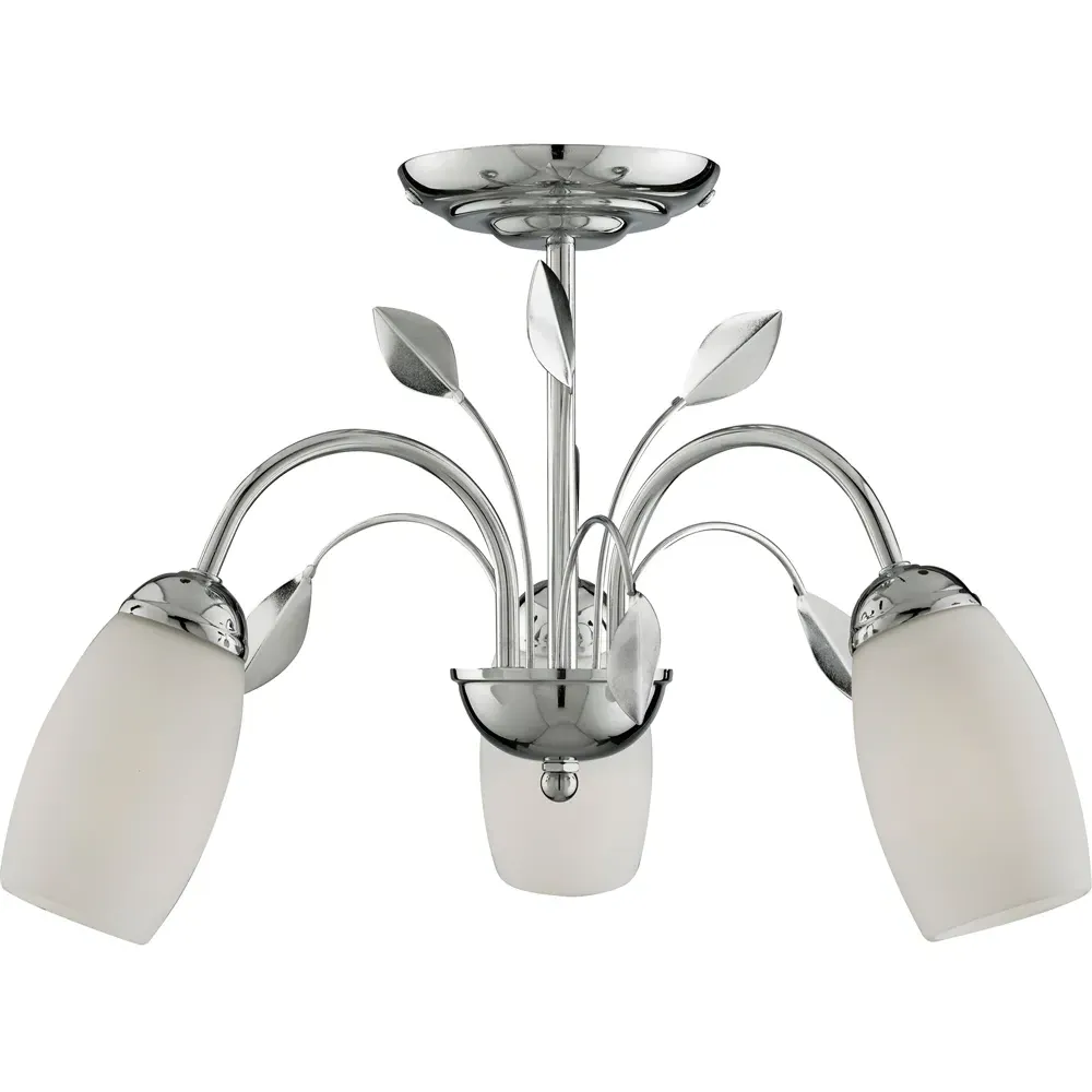 3 Light Semi Flush Ceiling Light - Chrome, White Glass