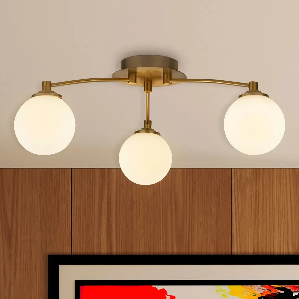 3 Light Semi Flush Ceiling Light - Gold, Opal Glass