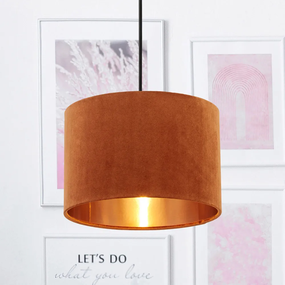 30cm Drum Shade with Copper Inner - Burnt Orange, Velvet