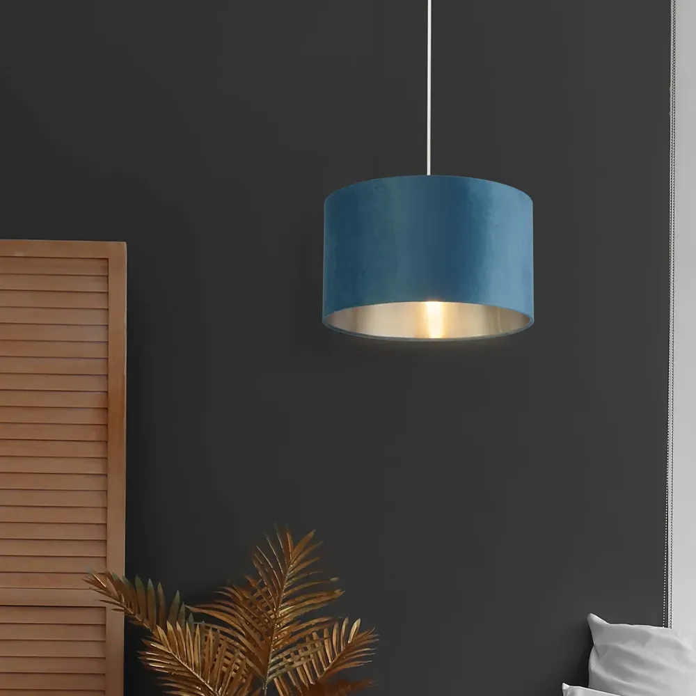 35cm Teal Silver Inner Velvet Drum Shade - Blue, Velvet
