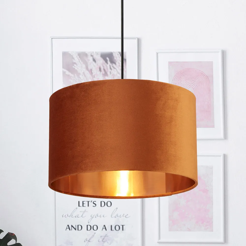 40cm Drum Shade with Copper Inner - Burnt Orange, Velvet