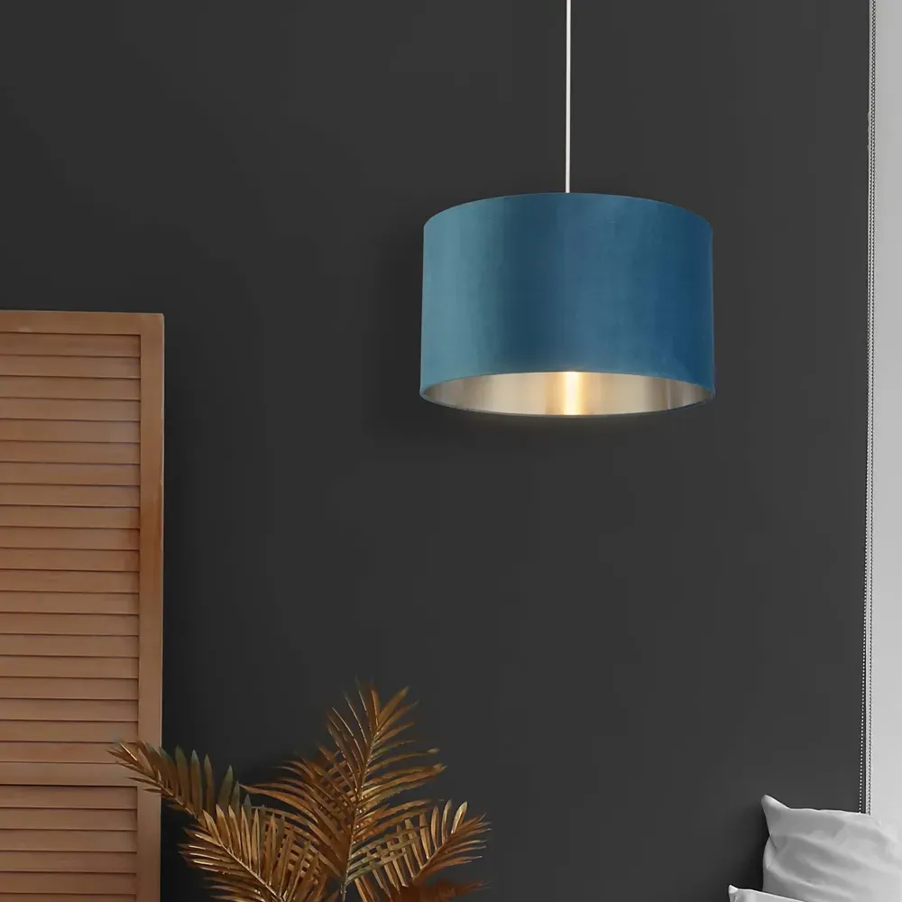 45cm Teal Silver Inner Velvet Drum Shade - Blue, Velvet