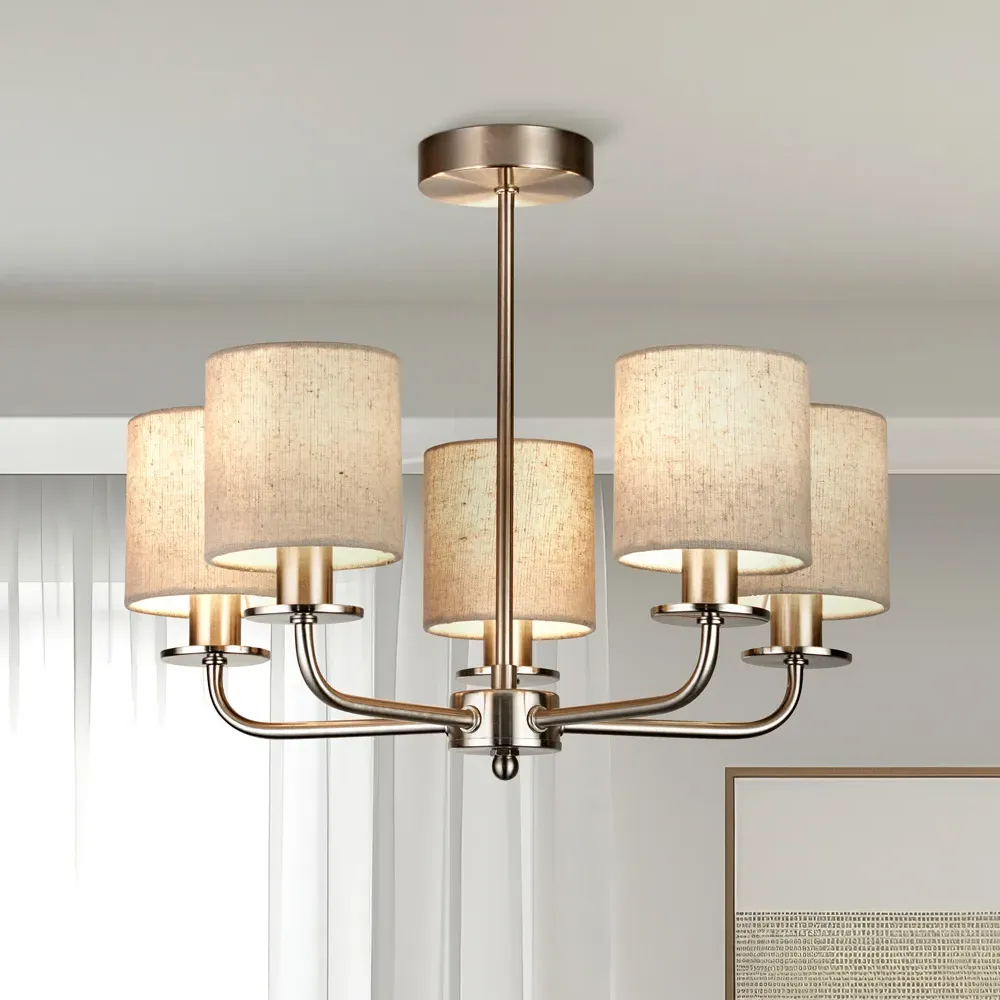 5 Light Satin Silver Ceiling Light - Cream, Linen