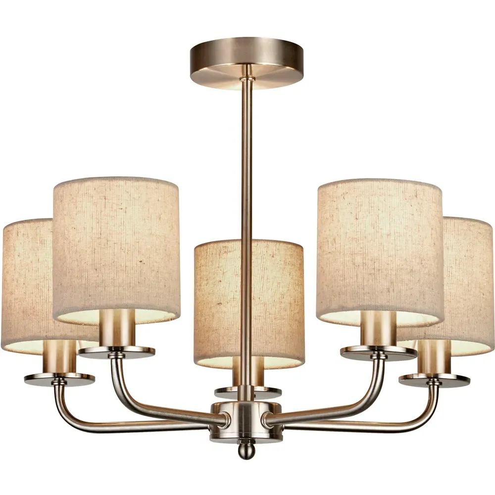 5 Light Satin Silver Ceiling Light - Cream, Linen