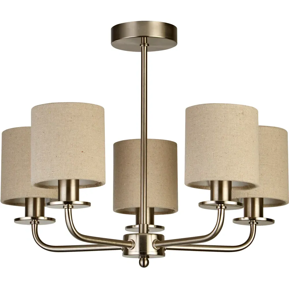 5 Light Satin Silver Ceiling Light - Cream, Linen image