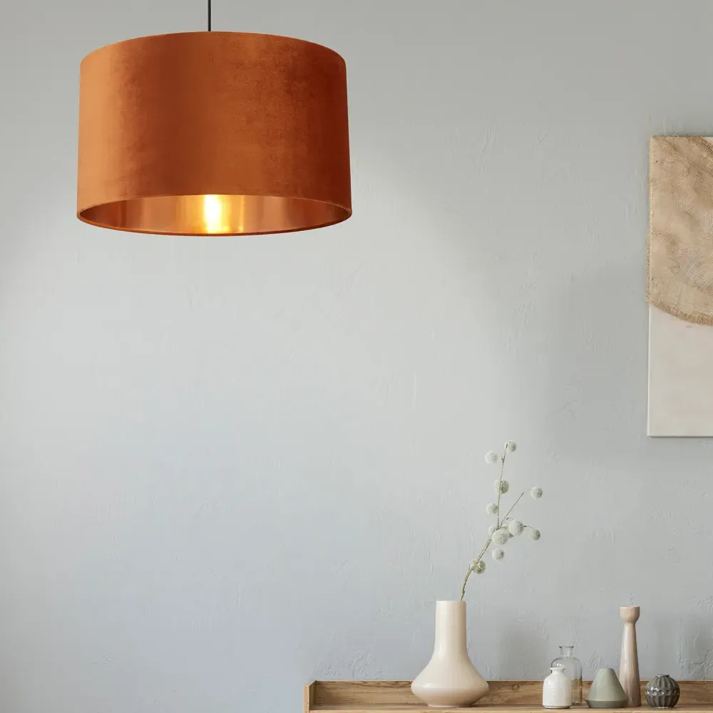 50cm Drum Shade with Copper Inner - Burnt Orange, Velvet