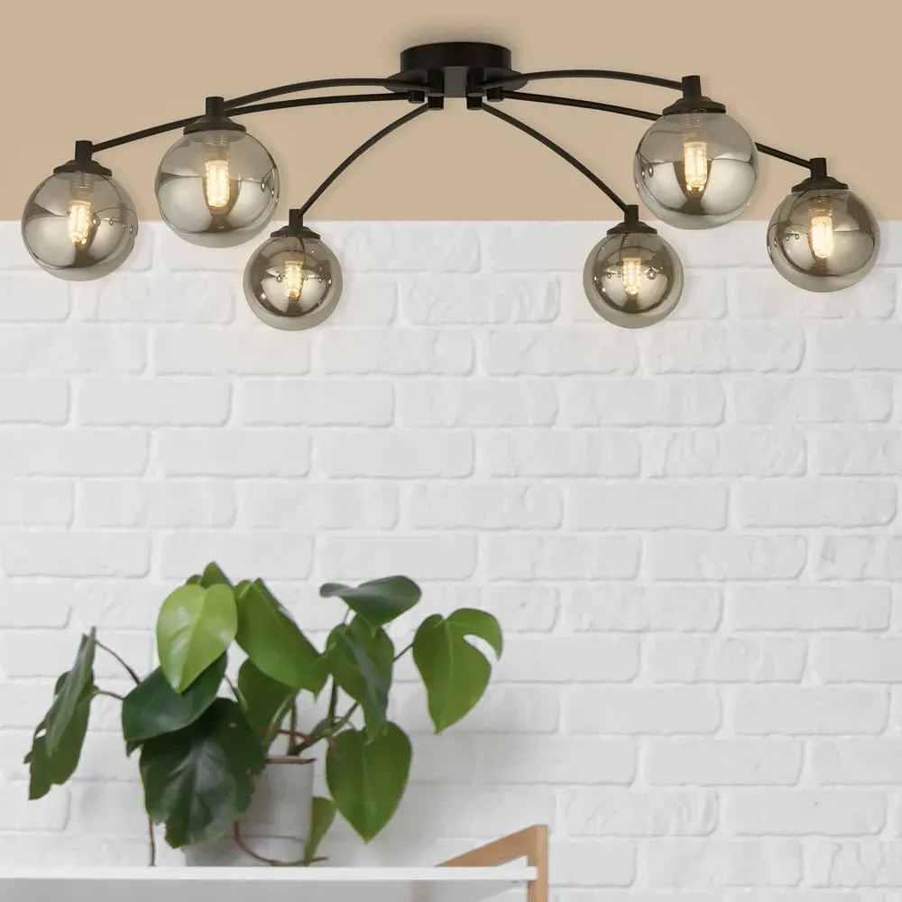 6 Light Semi-Flush Ceiling Light - Black, Smoke Glass