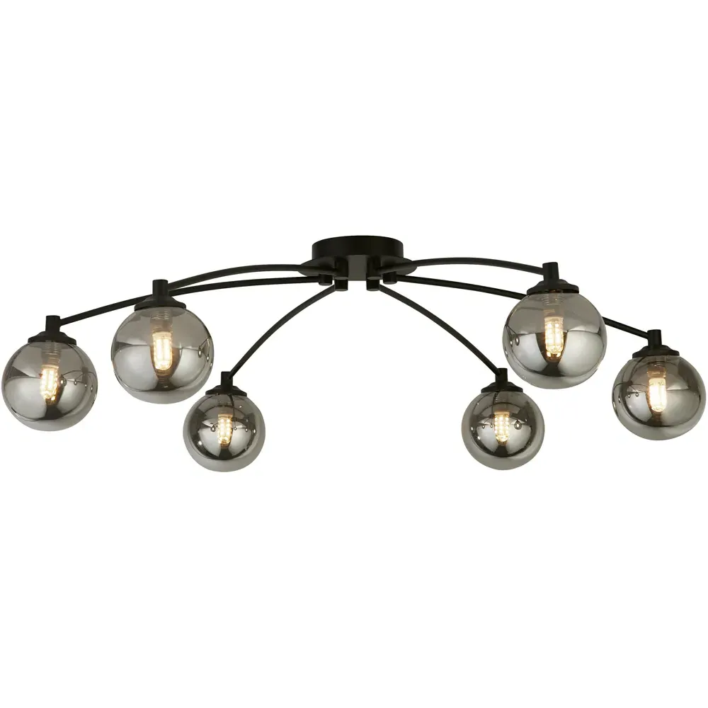 6 Light Semi-Flush Ceiling Light - Black, Smoke Glass