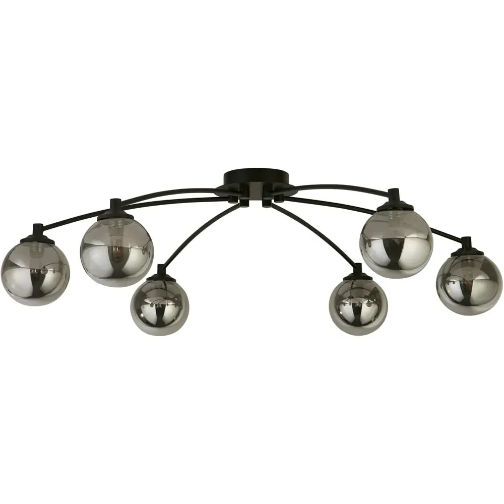 6 Light Semi-Flush Ceiling Light - Black, Smoke Glass