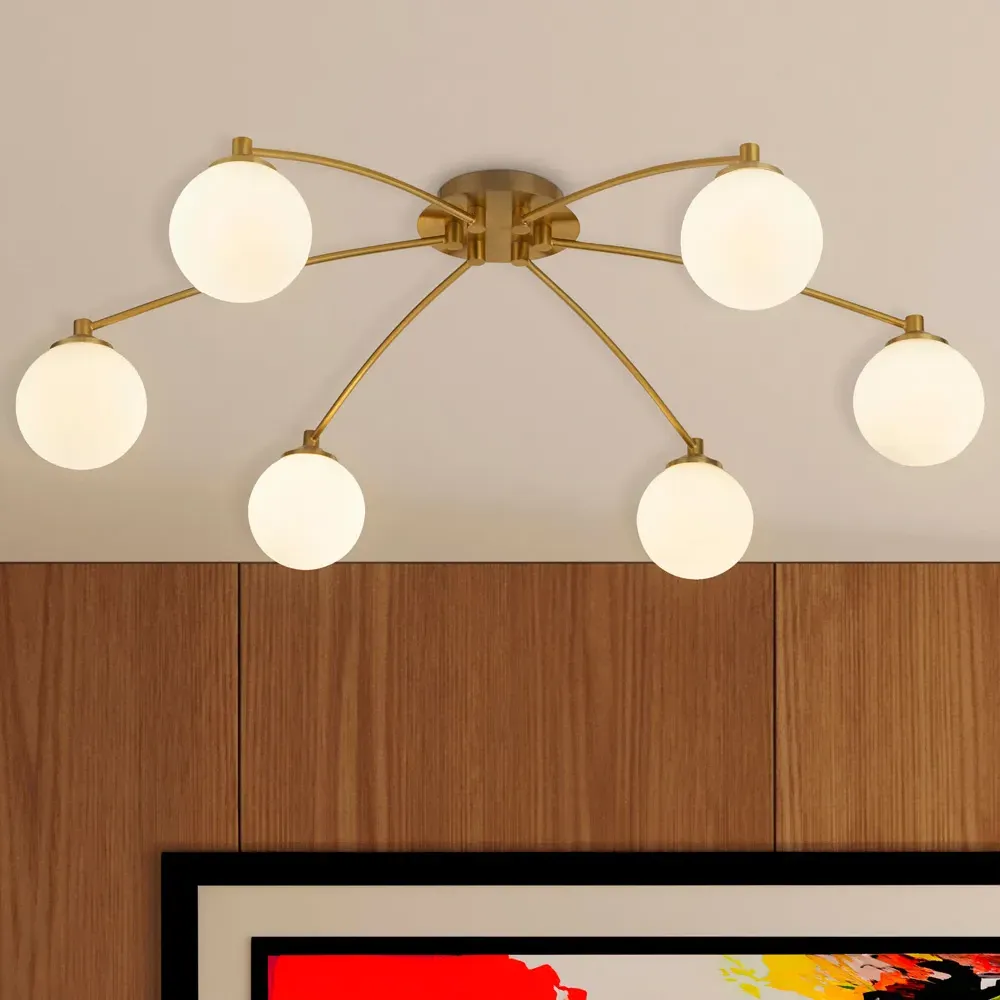 6 Light Semi Flush Ceiling Light - Gold, Opal Glass