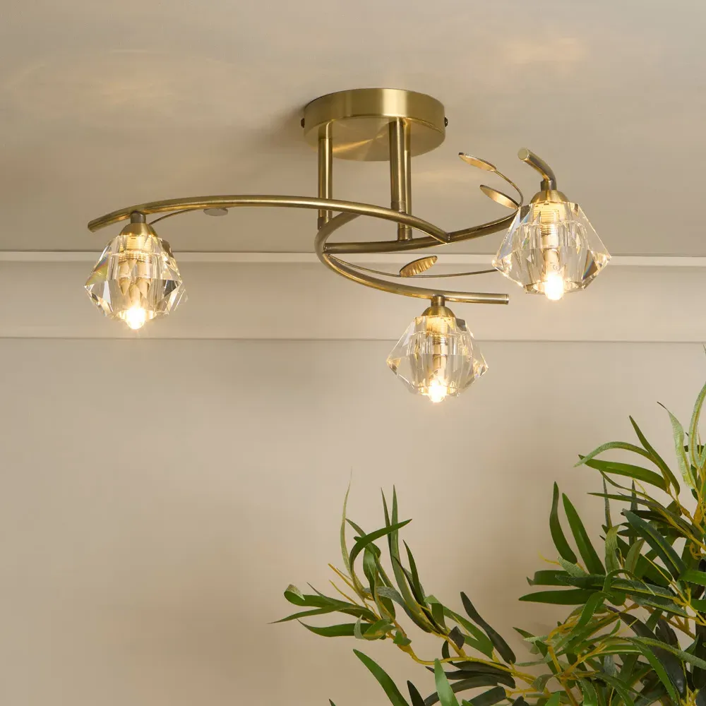Aziel 3 Light Acrylic Diamond Shade LED Ceiling Fitting - Gold