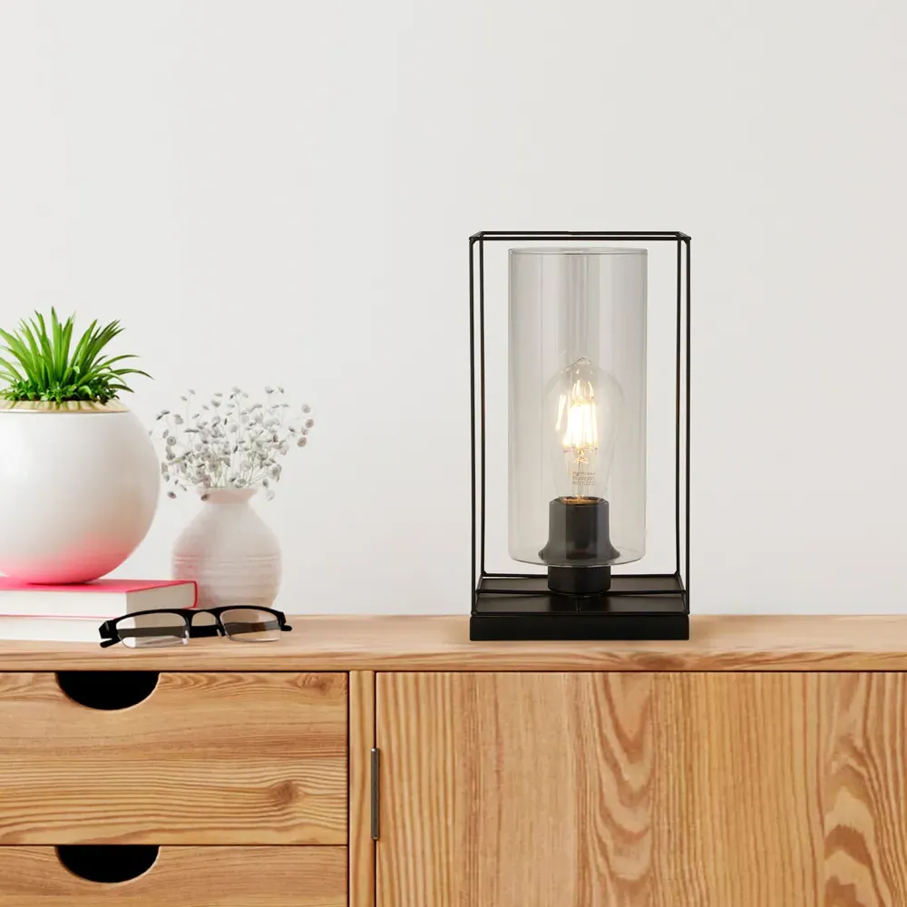 Black Frame Clear Glass Table Lamp