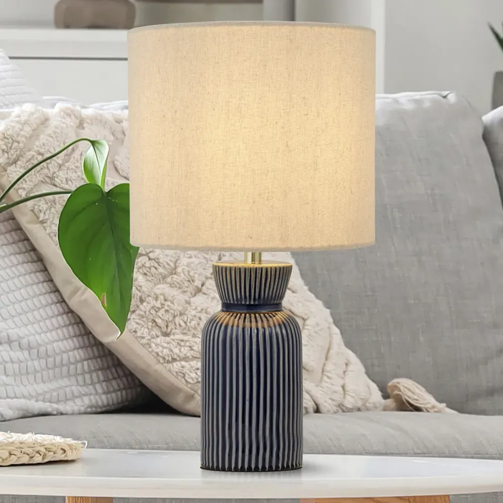 Ceramic Ridge Table Lamp with Striped Base - Blue