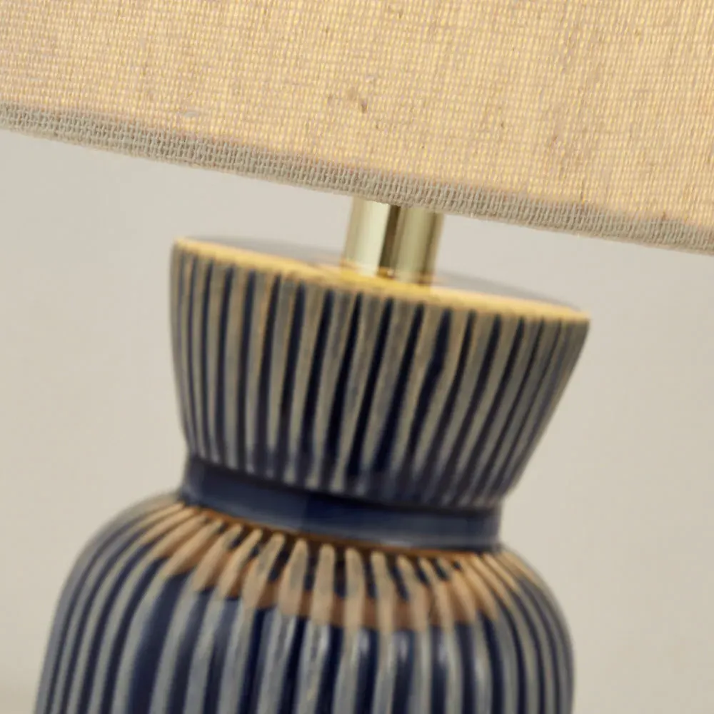 Ceramic Ridge Table Lamp with Striped Base - Blue