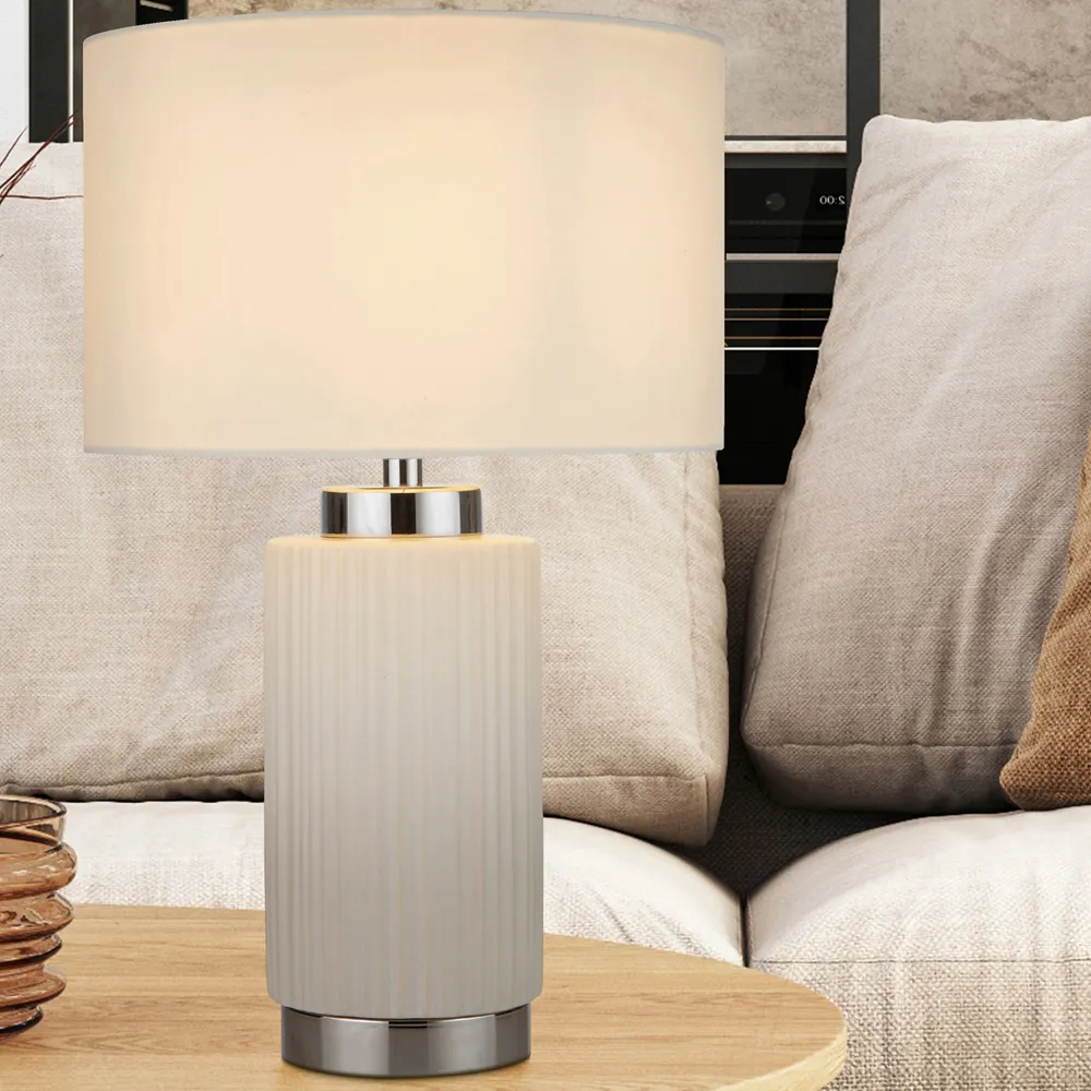 Ceramic Table Lamp with Chrome Detail - White