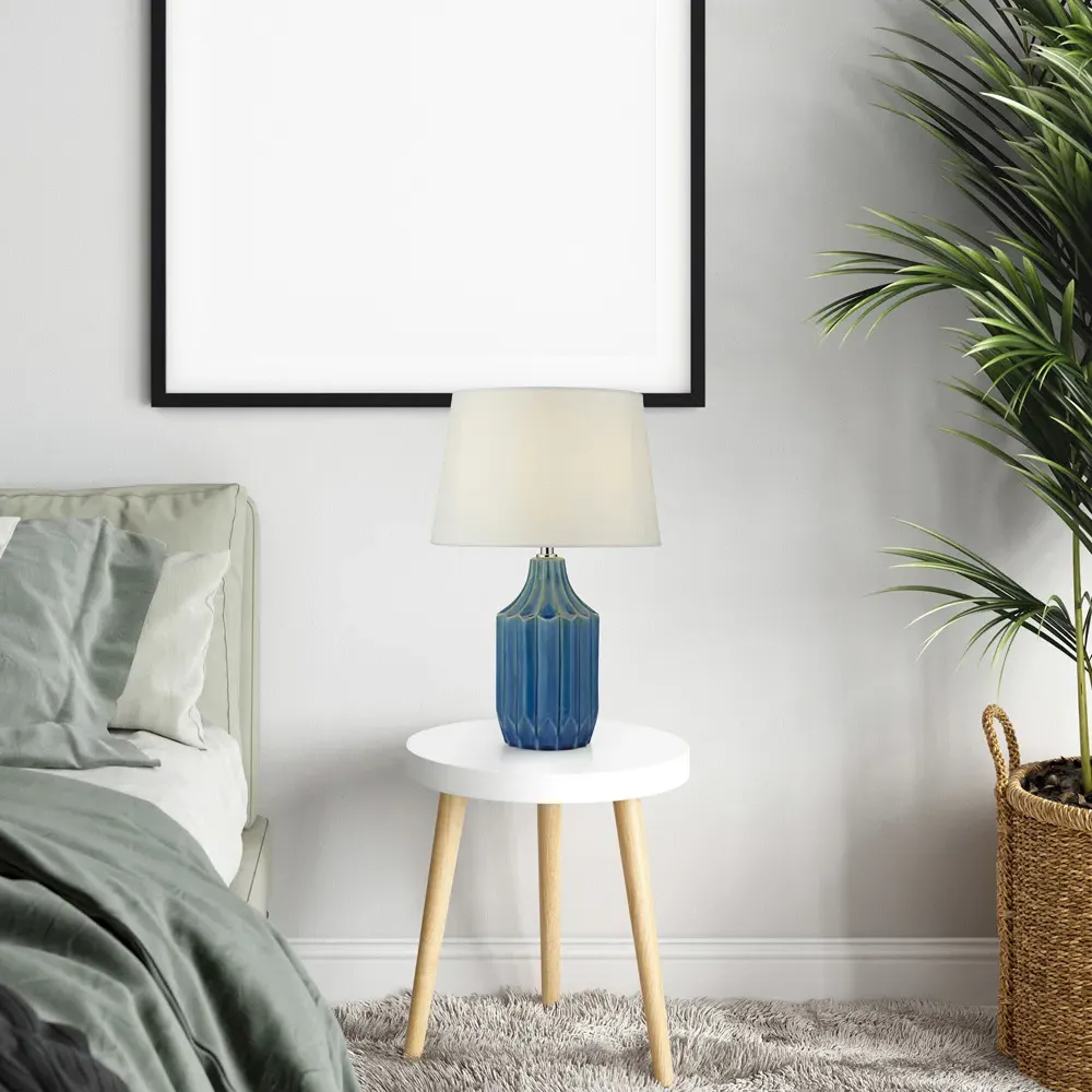 Ceramic Table Lamp with Grooved Base - Blue